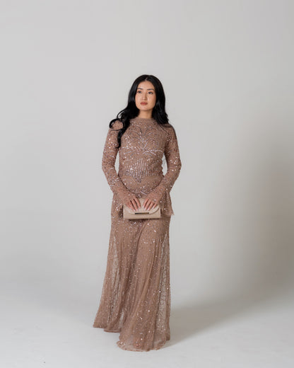 MOCHA SEQUIN EVENING DRESS WITH FLARE SLEEVES By Shammi