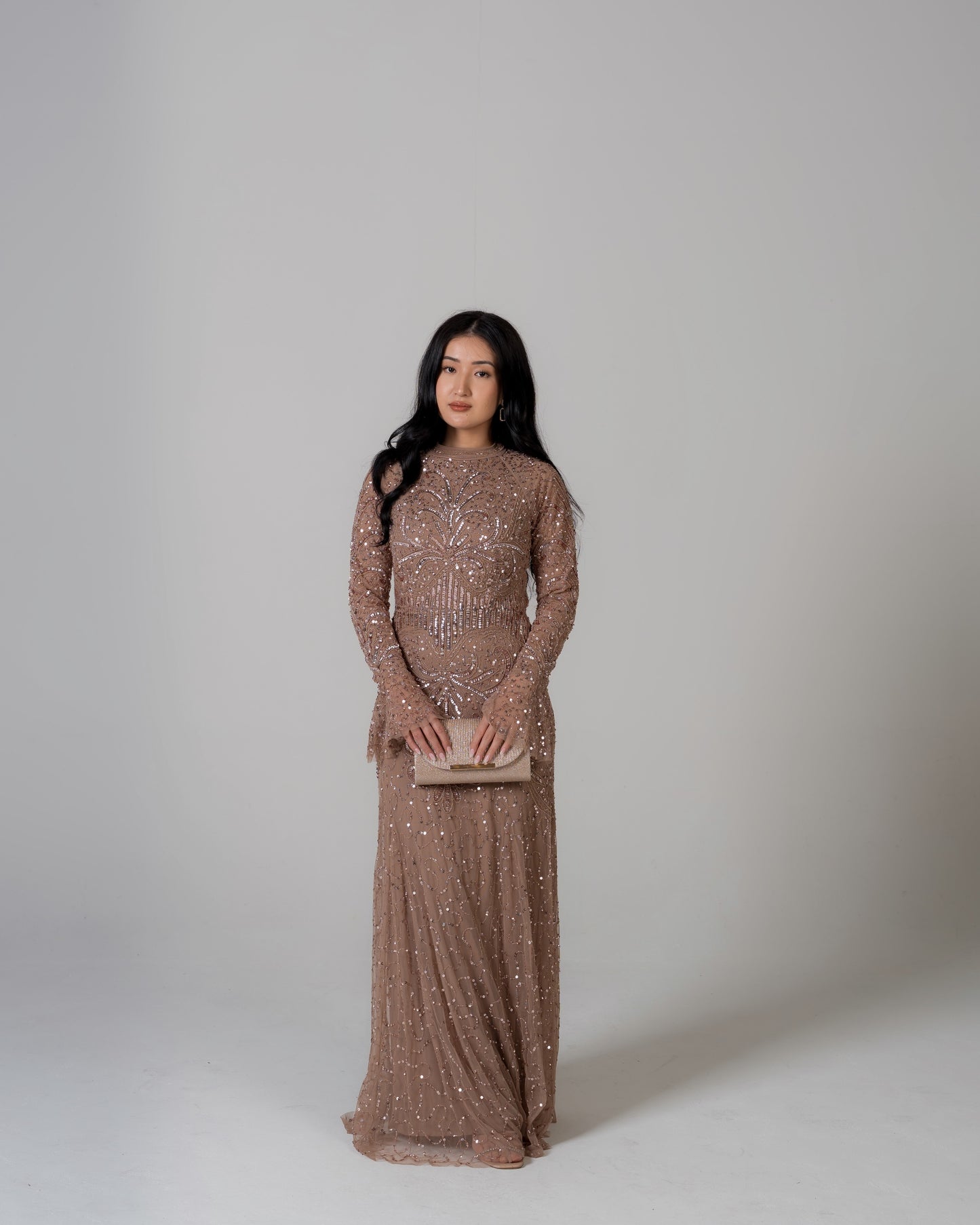 MOCHA SEQUIN EVENING DRESS WITH FLARE SLEEVES By Shammi