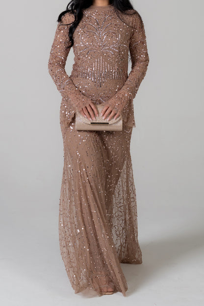 MOCHA SEQUIN EVENING DRESS WITH FLARE SLEEVES By Shammi